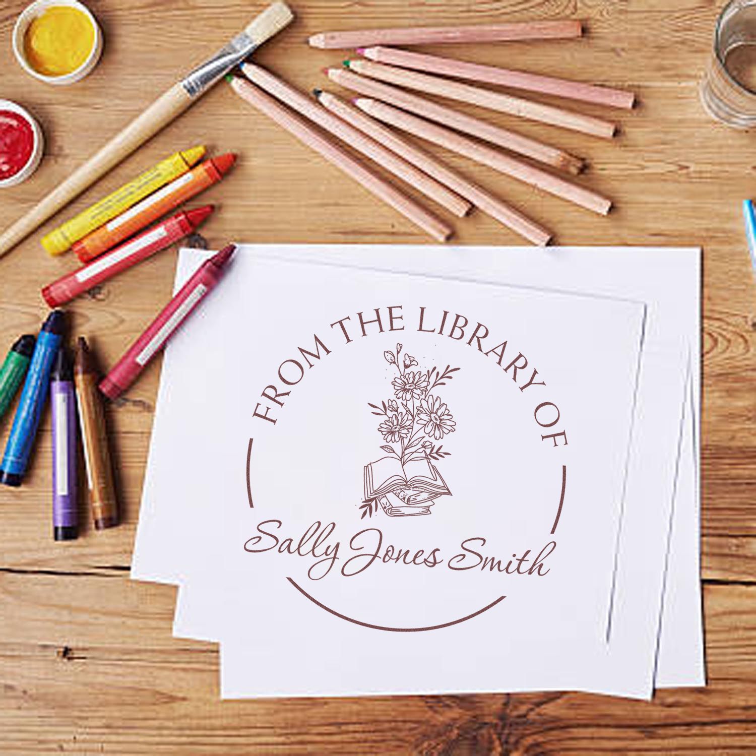 Wood Handle Stack of Books with Flowers Custom Library Of Stamp