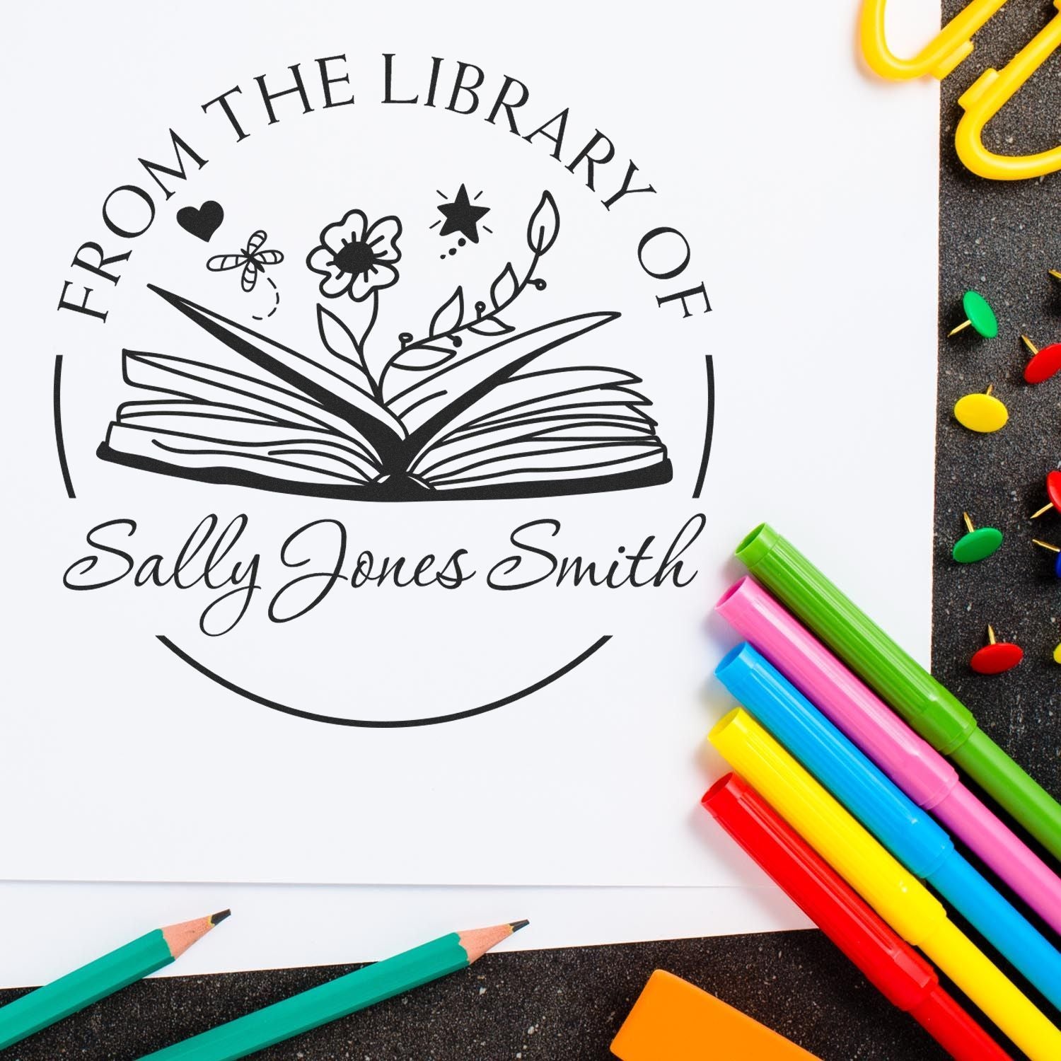 PSI Pre-Inked Open Book with Flowers, Hearts, Stars Personalized Book Library Stamper - Engineer Seal Stamps
