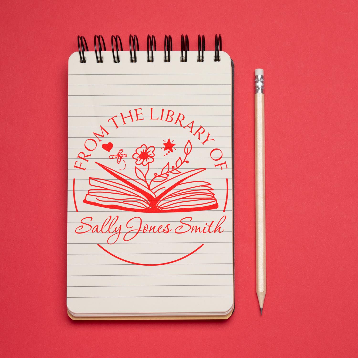 Pre-Inked Open Book with Flowers, Hearts, Stars Personalized Reader Stamper - Engineer Seal Stamps