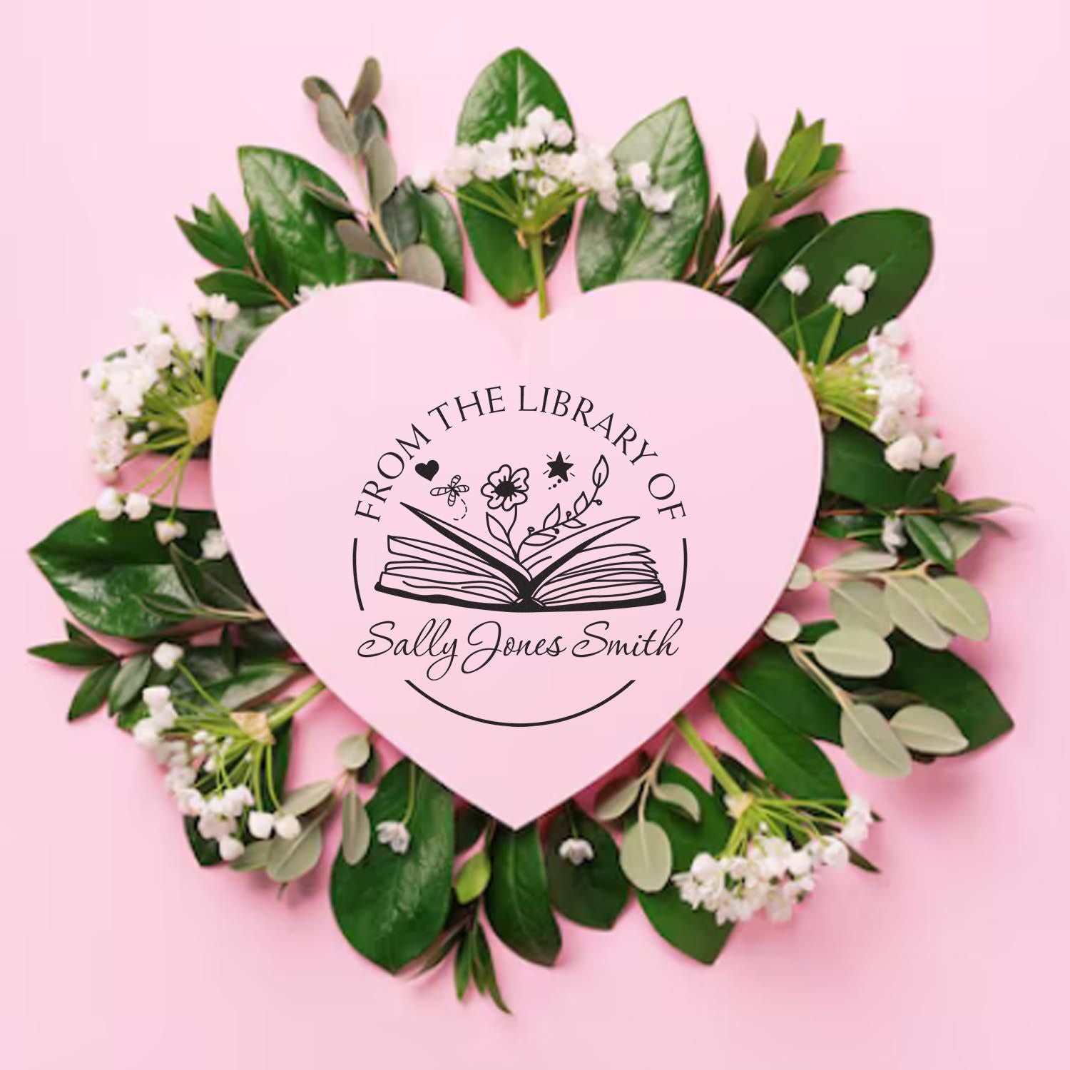 PSI Pre-Inked Open Book with Flowers, Hearts, Stars Personalized Book Library Stamper - Engineer Seal Stamps