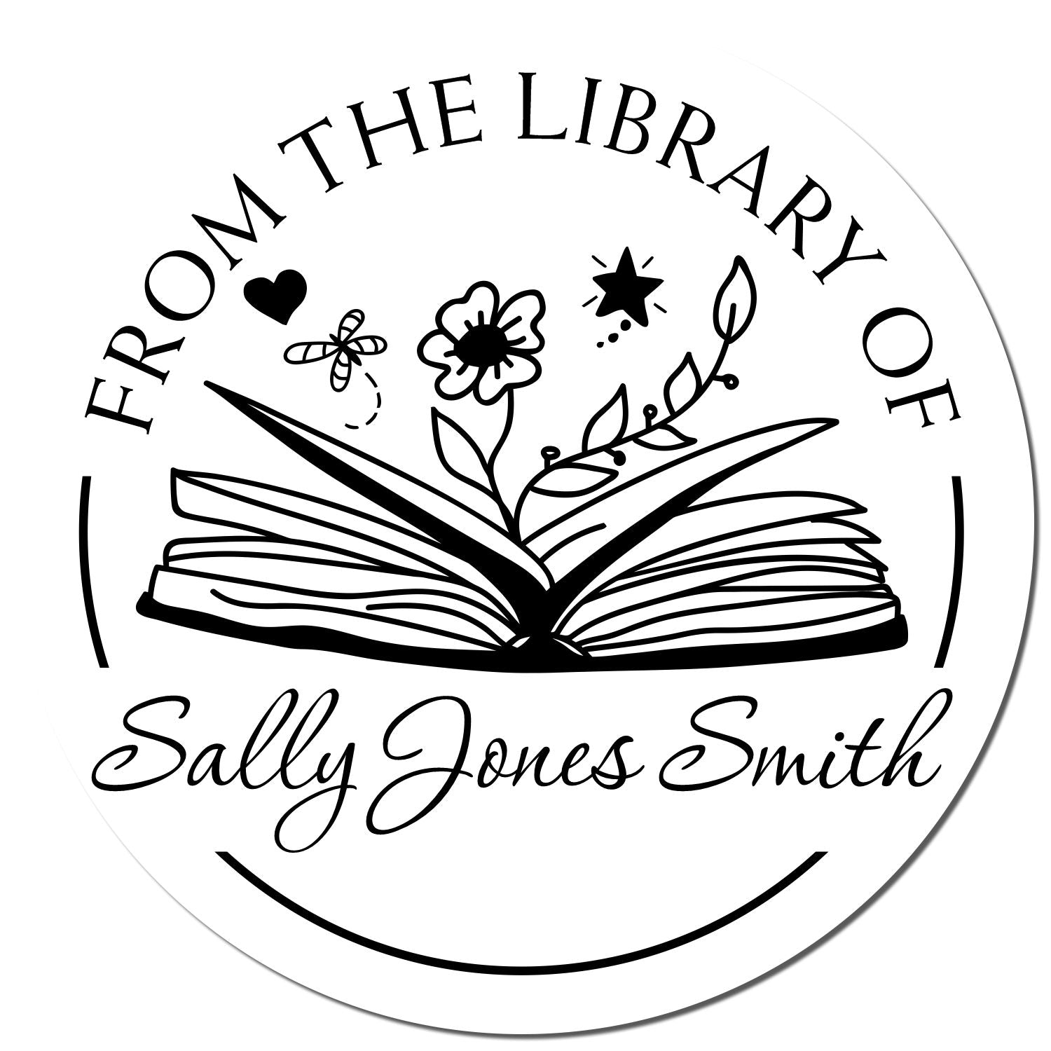 Pre-Inked Open Book with Flowers, Hearts, Stars Personalized Reader Stamper - Engineer Seal Stamps