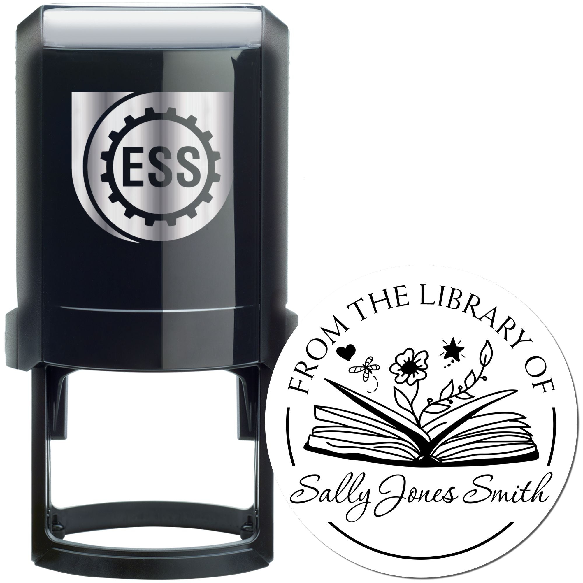 Self-Inking Open Book with Flowers, Hearts, Stars Custom Made Bookplate Stamper - Engineer Seal Stamps