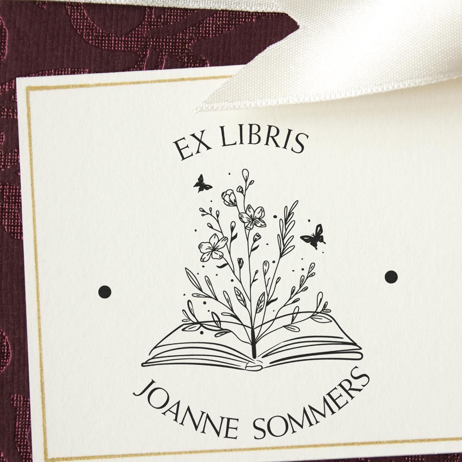 PSI Pre-Inked Open Book with Flowers and Butterflys Personalized Book Lover Stamp - Engineer Seal Stamps