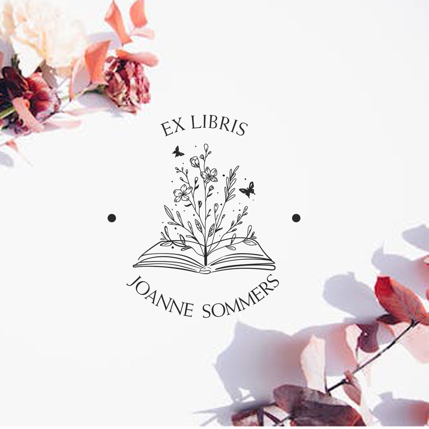 Self-Inking Open Book with Flowers and Butterflys Custom Made Bookworm Stamp - Engineer Seal Stamps
