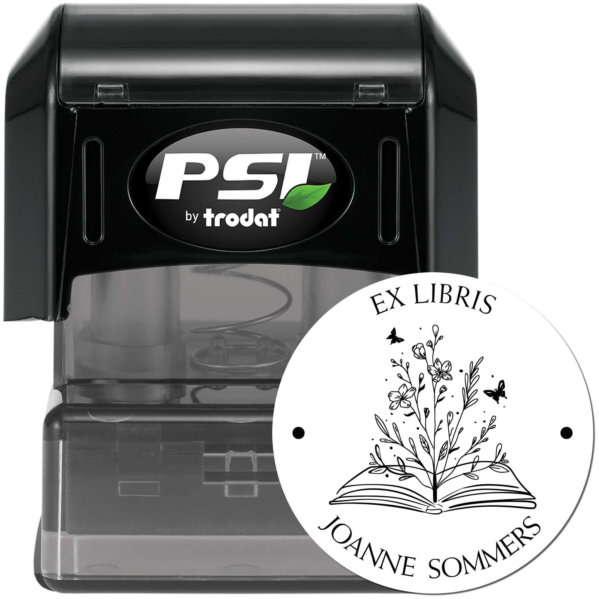 PSI Pre-Inked Open Book with Flowers and Butterflys Personalized Book Lover Stamp - Engineer Seal Stamps