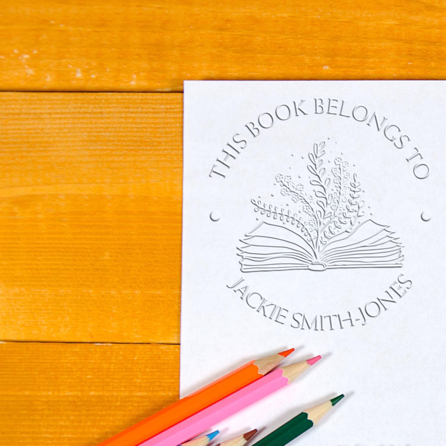 Desk Open Book with Flowers and Fluttering Pages Custom Made Library Collection Embossing Seal - Engineer Seal Stamps