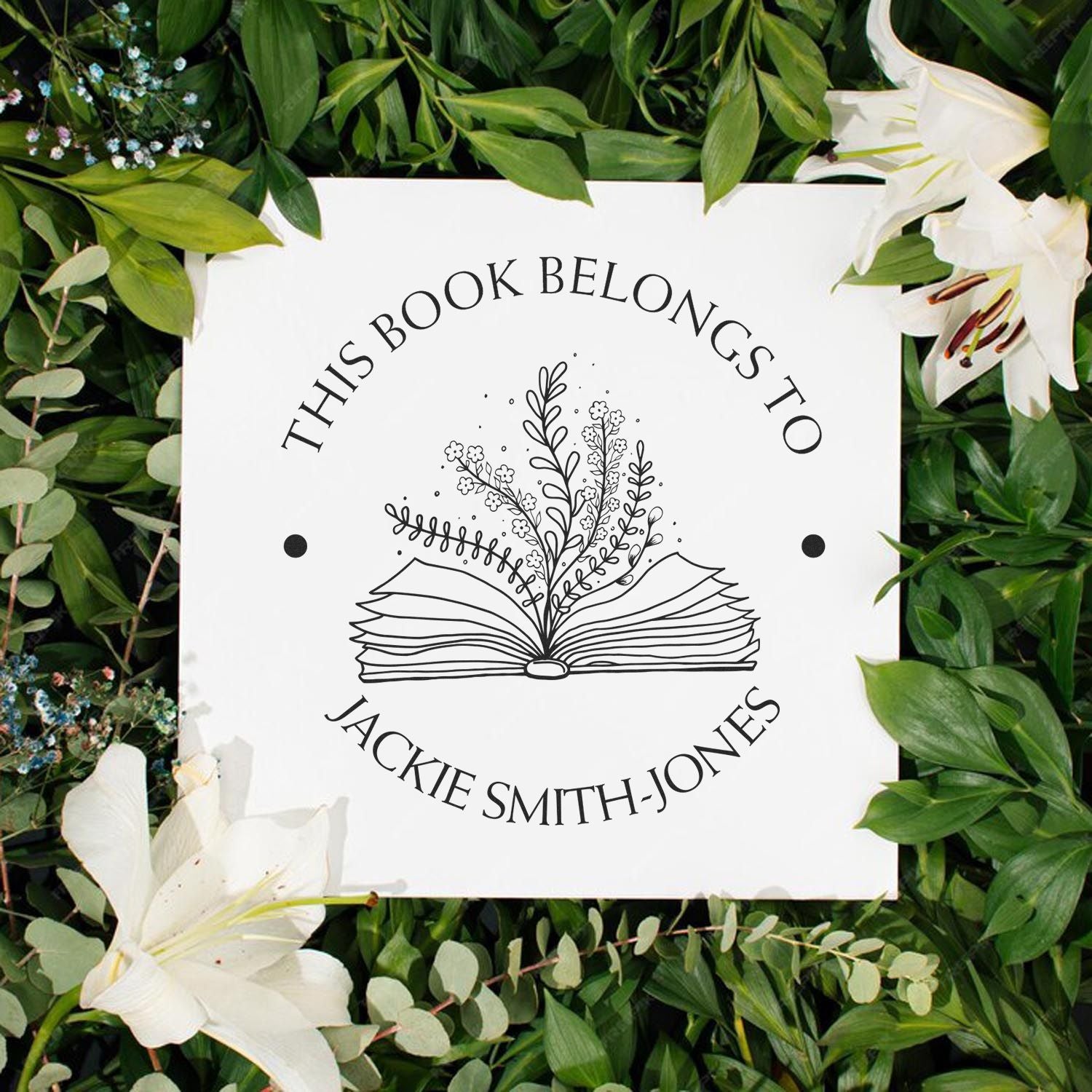 Pre-Inked Open Book with Flowers and Fluttering Pages Personalized This Book Belongs To Stamper - Engineer Seal Stamps
