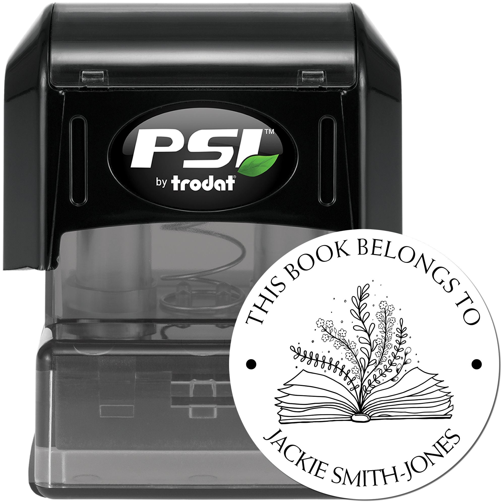 PSI Pre-Inked Open Book with Flowers and Fluttering Pages Personalized Book Lover Stamper - Engineer Seal Stamps