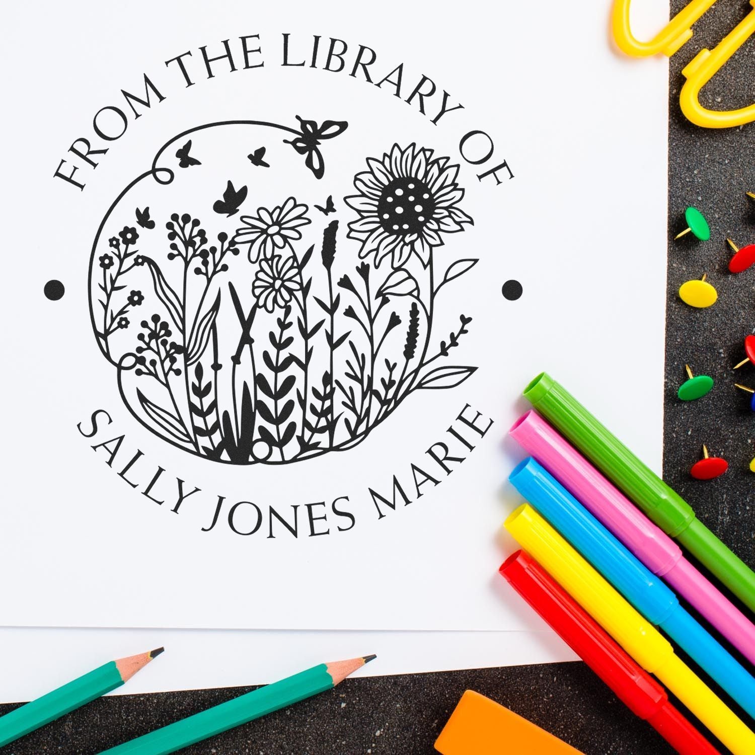Wood Handle Blooming Field of Flowers Custom My Library Stamp - Engineer Seal Stamps