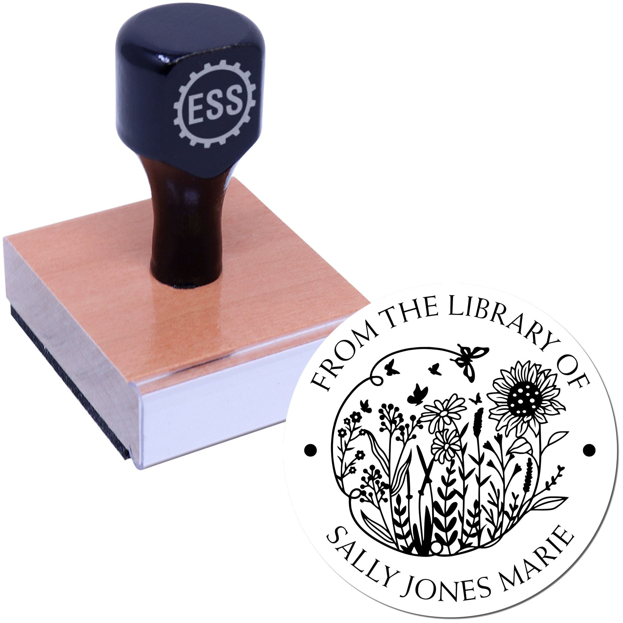 Wood Handle Blooming Field of Flowers Custom My Library Stamp