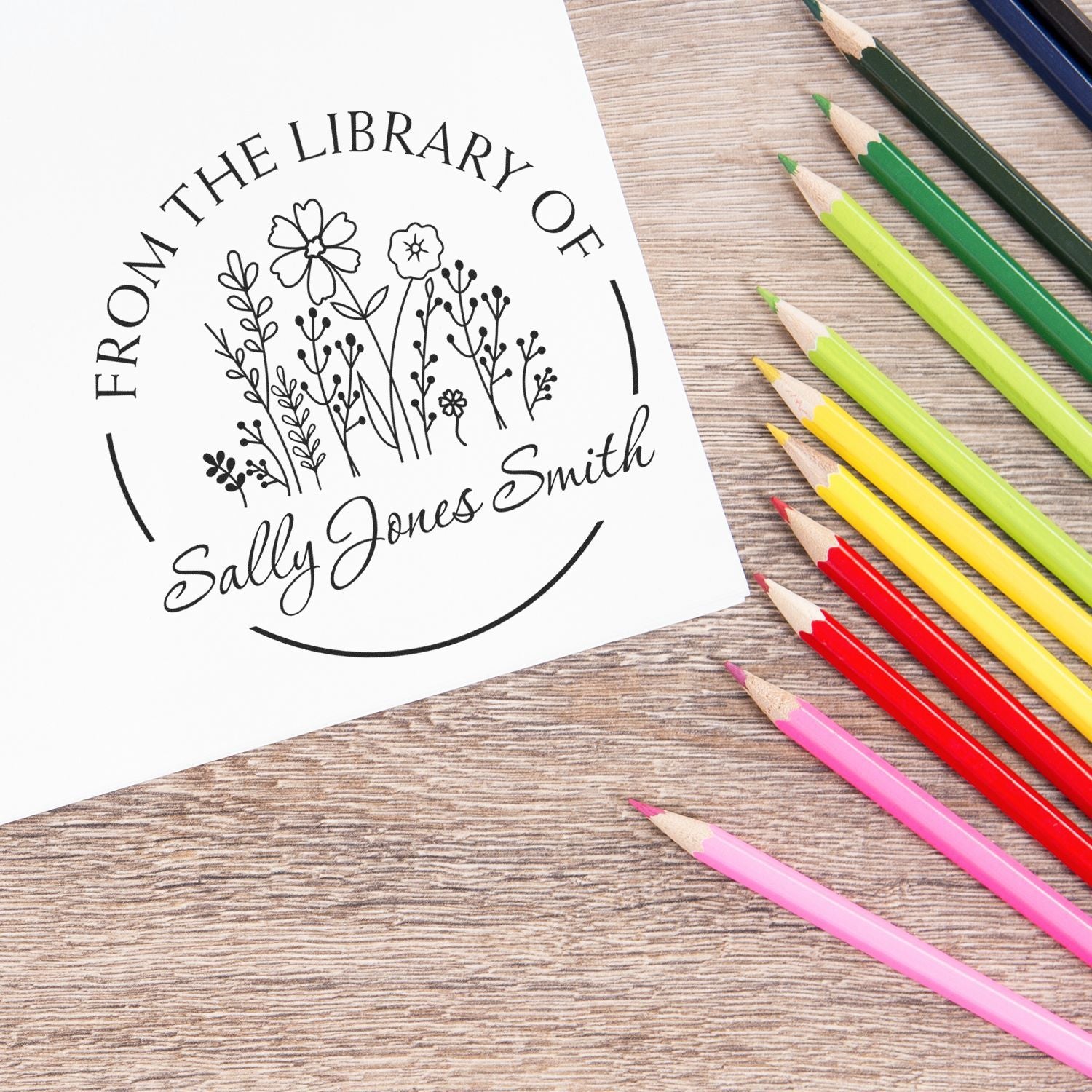 Wood Handle Lush Wild Flowers Personalized Read It Love It Stamp - Engineer Seal Stamps