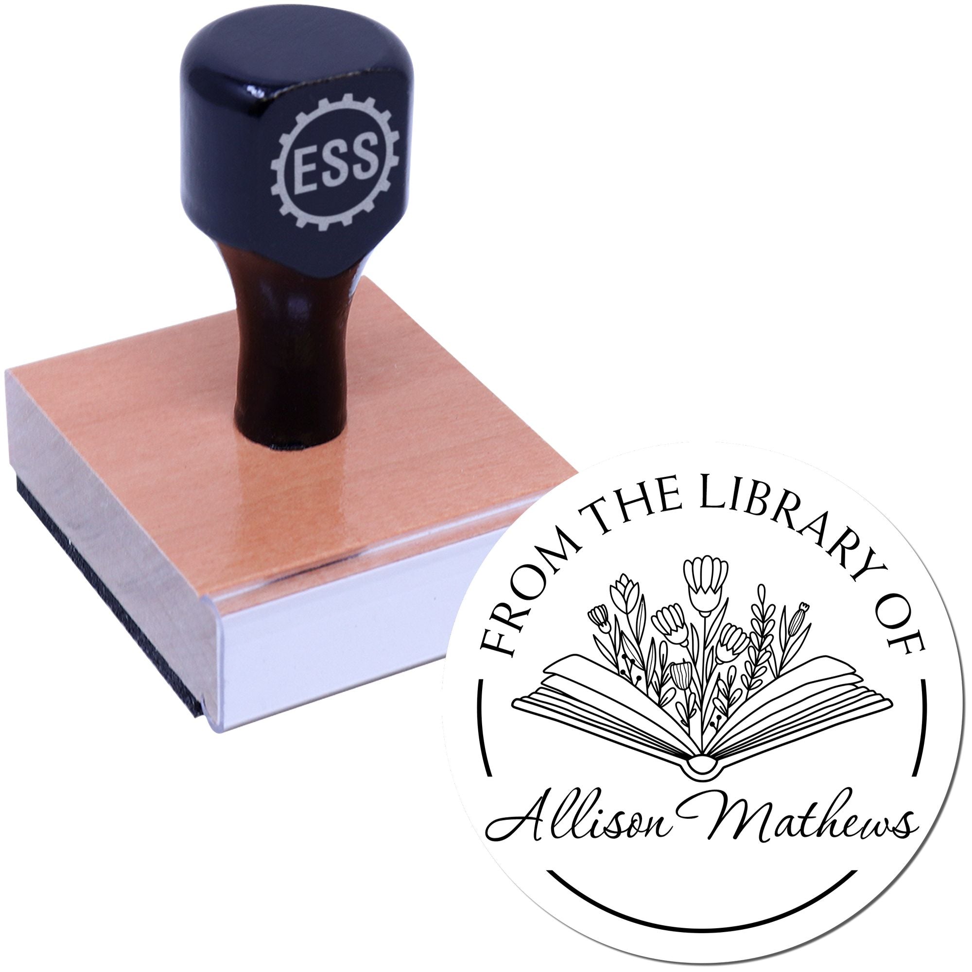Wood Handle Lively Flowers with Book Personalized This Book Belongs To Stamp - Engineer Seal Stamps