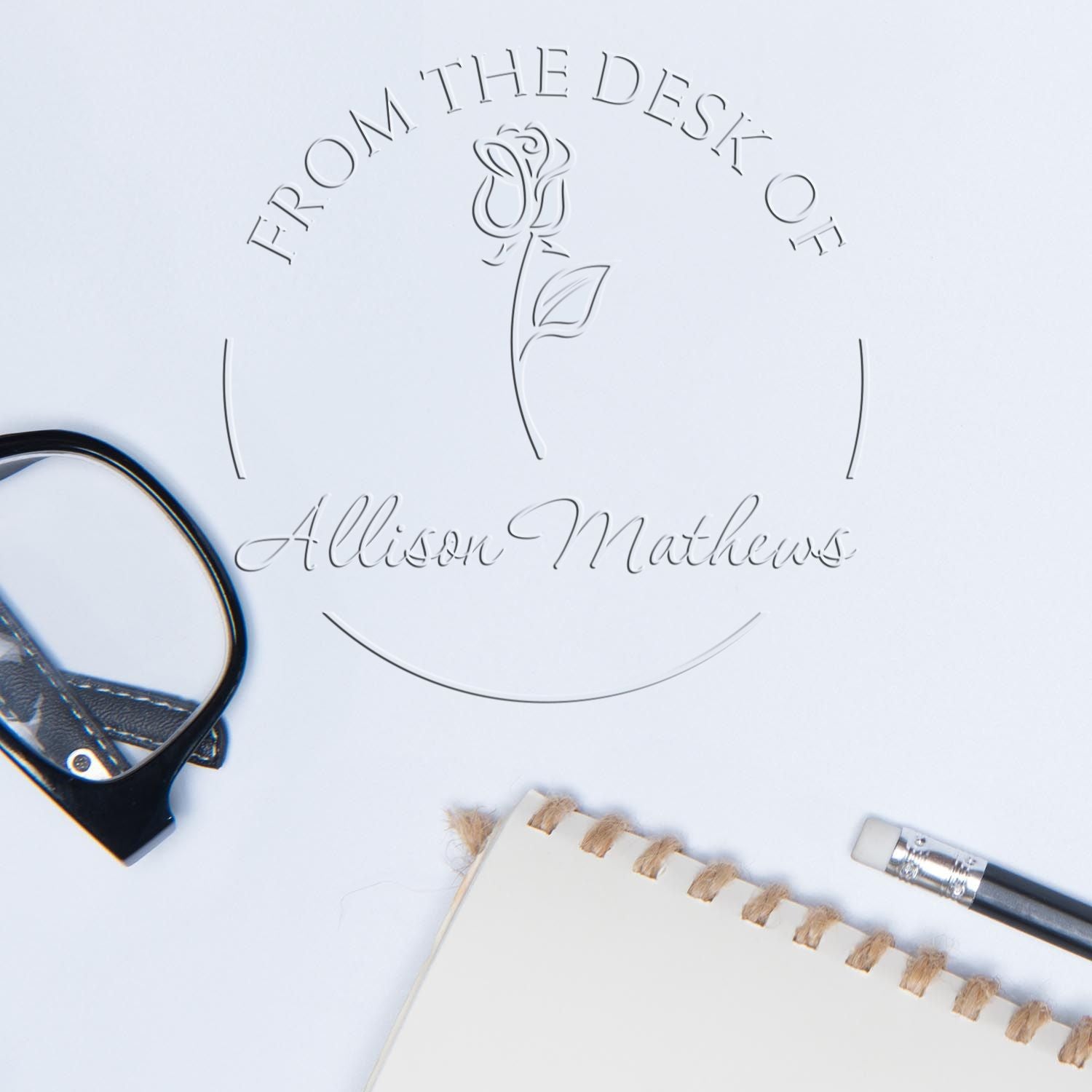 Soft Tranquil Rose Stem Custom Book Name Embossing Stamp