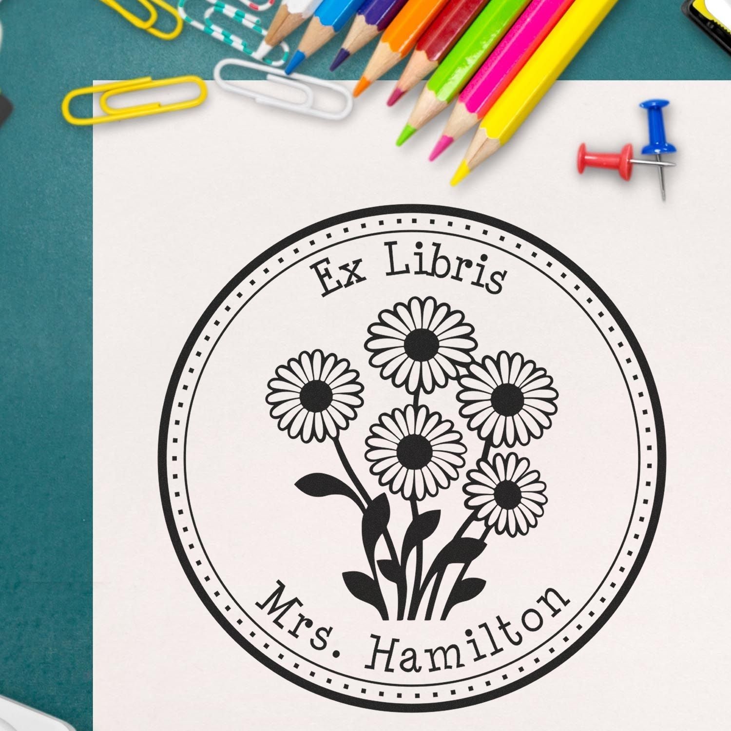 Wood Handle Glistening Daisy Bouquet Personalized Bookplate Stamp - Engineer Seal Stamps
