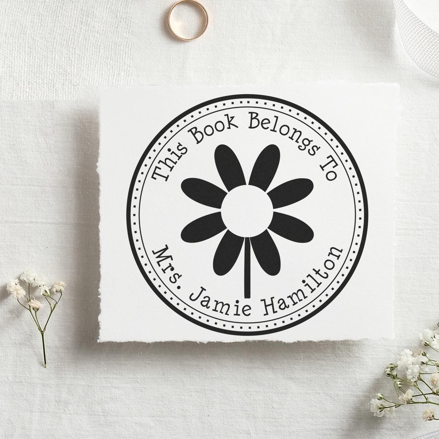 Wood Handle Dreamy Daisy Personalized Bookworm Stamp - Engineer Seal Stamps