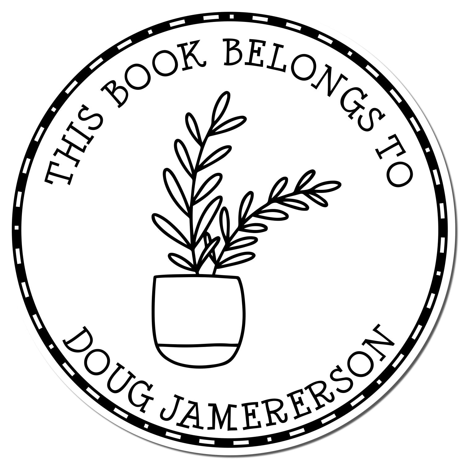 Black-and-white circular book stamp seal with potted plant icon and This book belongs to Doug Jamerson text.