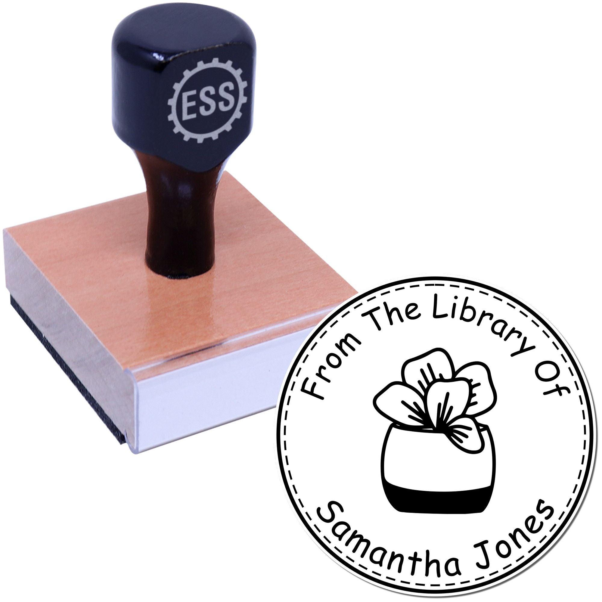 Wood Handle Flourishing Foliage Personalized Library Name Stamp - Engineer Seal Stamps