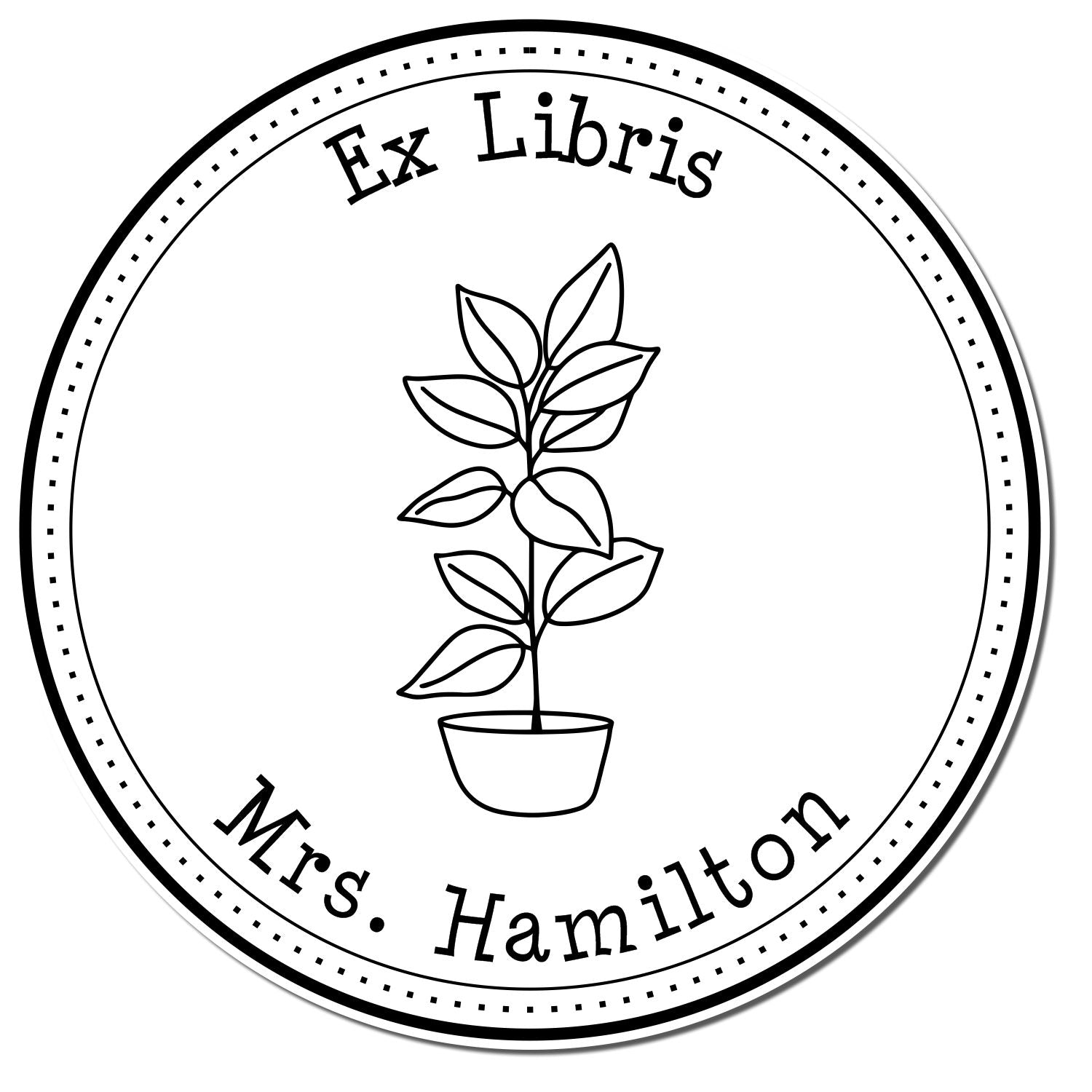 Black-and-white circular ex libris stamp seal with potted plant, dotted border, and Mrs. Hamilton text.