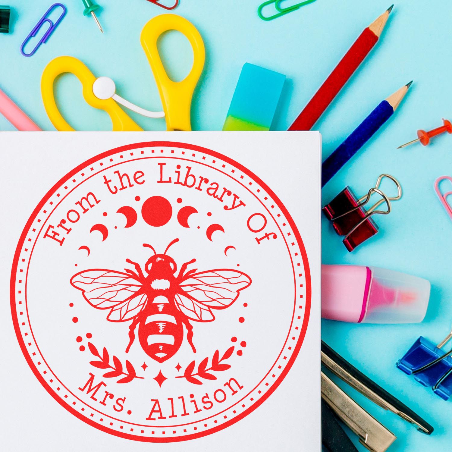 Wood Handle Celestial Bee Custom Book Library Stamper - Engineer Seal Stamps