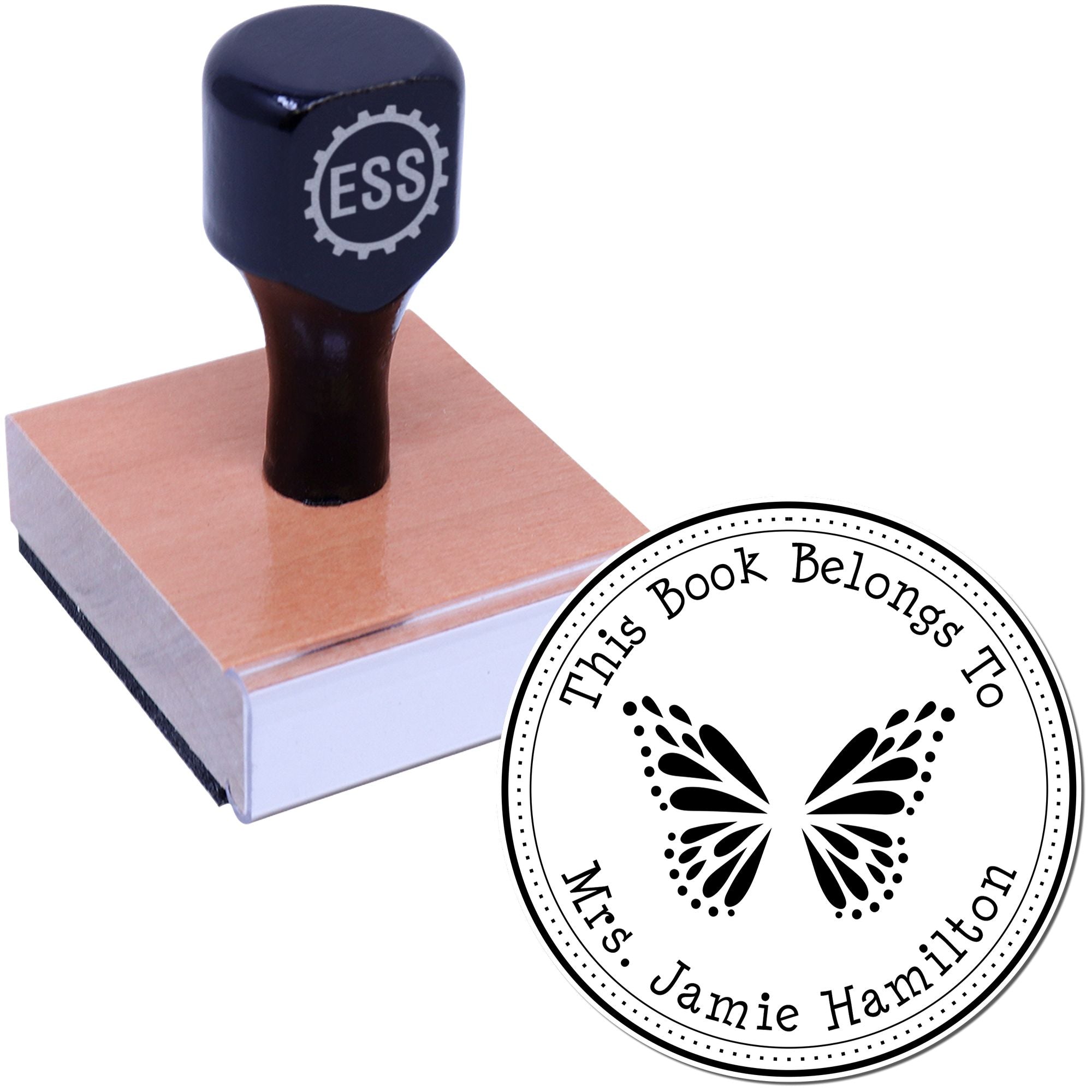 Wood Handle Graceful Butterfly Custom Book Ownership Stamper - Engineer Seal Stamps