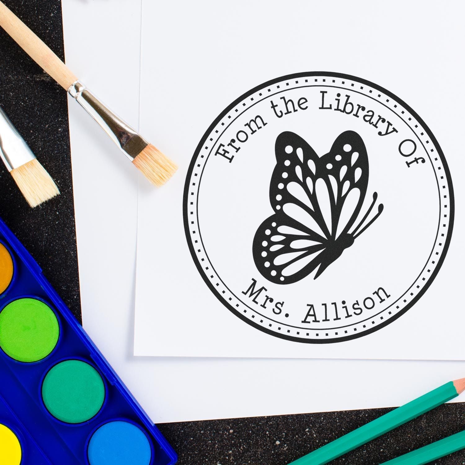 Wood Handle Delicate Butterfly Custom Book Ownership Label Stamp - Engineer Seal Stamps