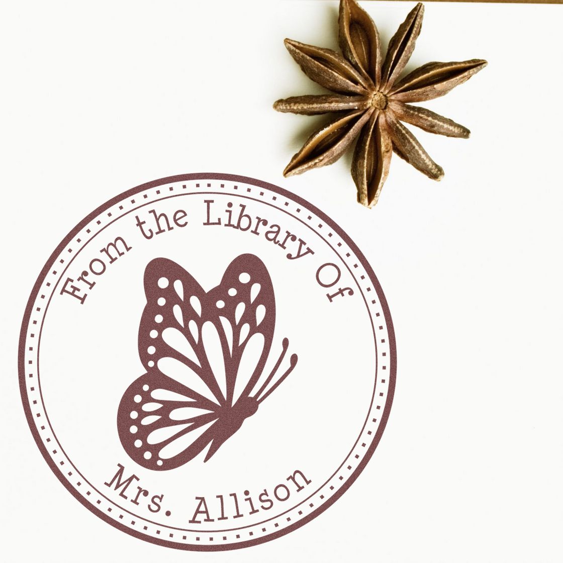 Wood Handle Delicate Butterfly Custom Book Ownership Label Stamp - Engineer Seal Stamps