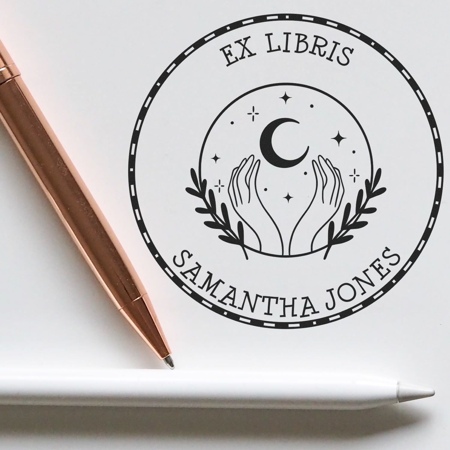 Wood Handle Elegant Celestial Sphere Personalized Bibliophile Stamper - Engineer Seal Stamps