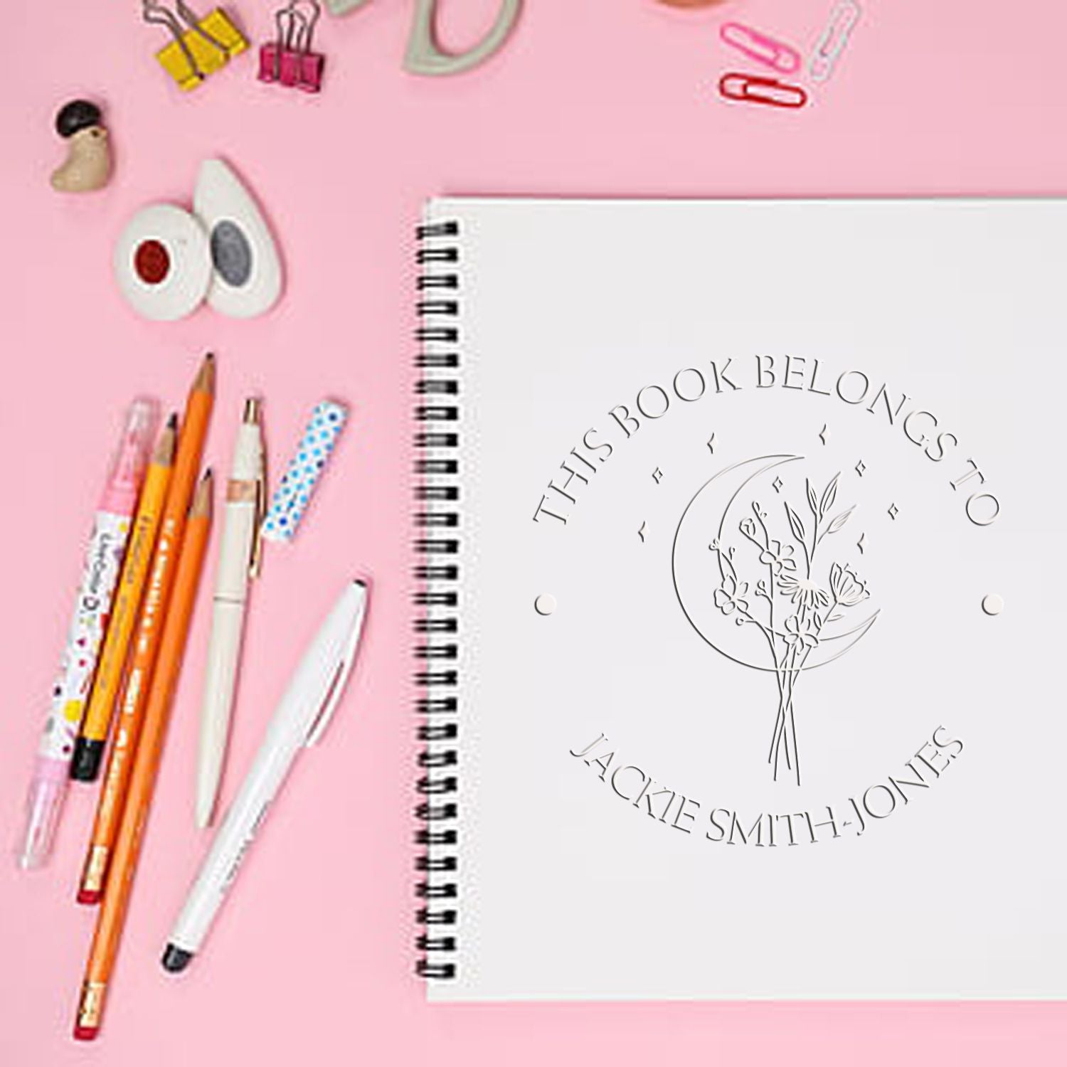 Soft Tranquil Moon Flowers Personalized Book Lover Embossed Stamp