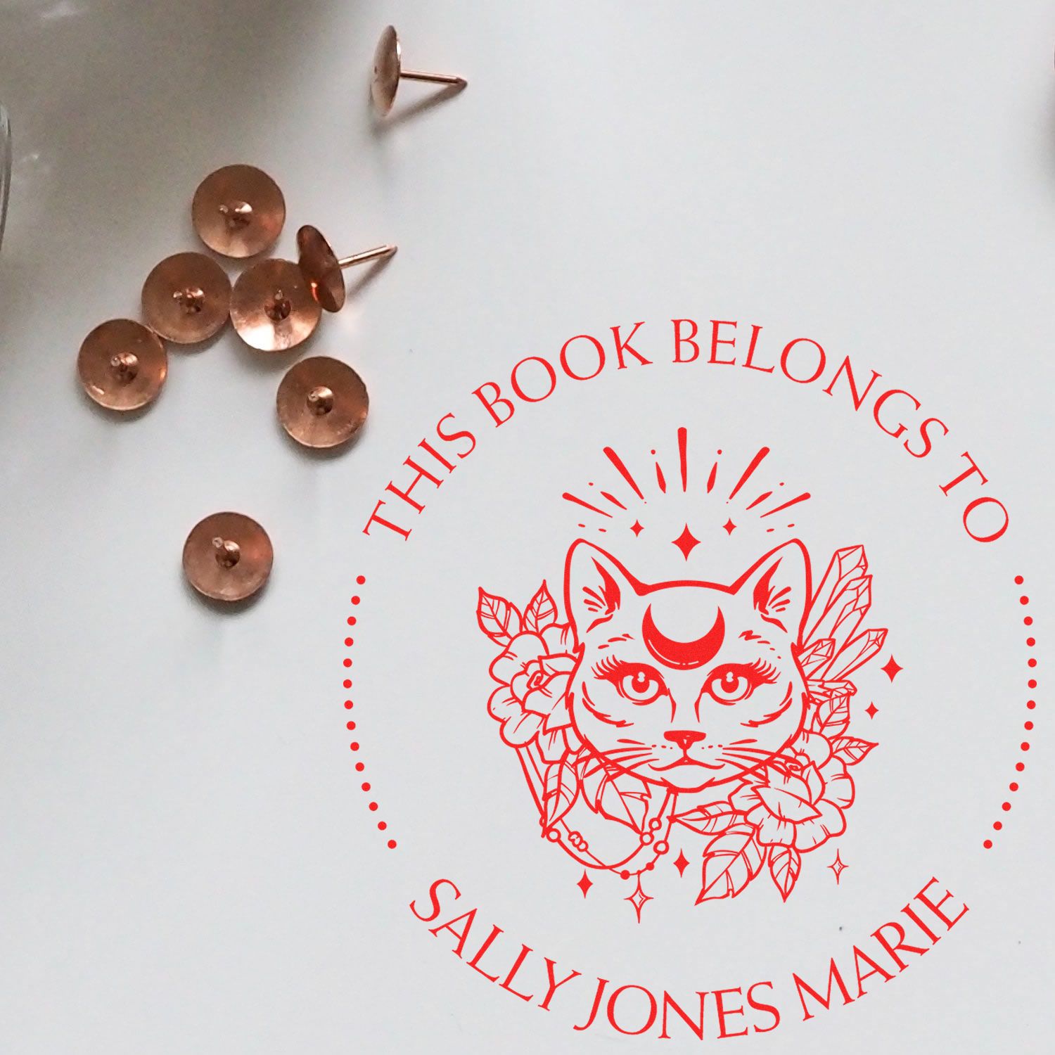 Wood Handle Divine Feline Personalized Book Ownership Label Stamp - Engineer Seal Stamps