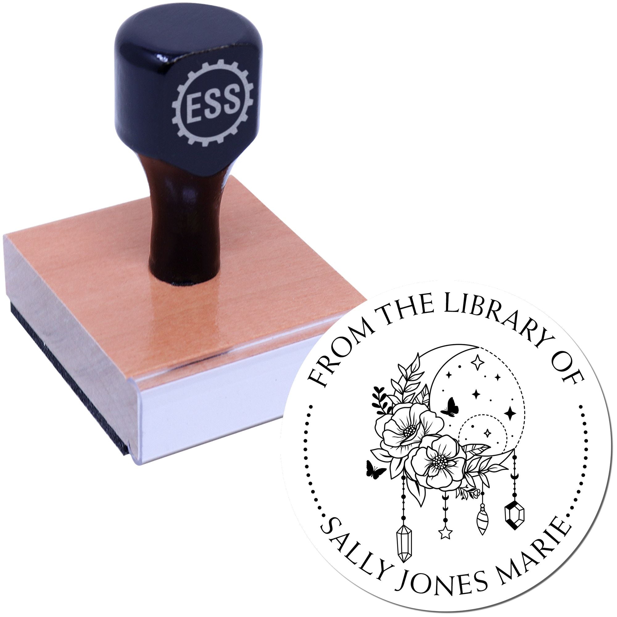 Wood Handle Lively Luna Personalized Library Name Stamp - Engineer Seal Stamps