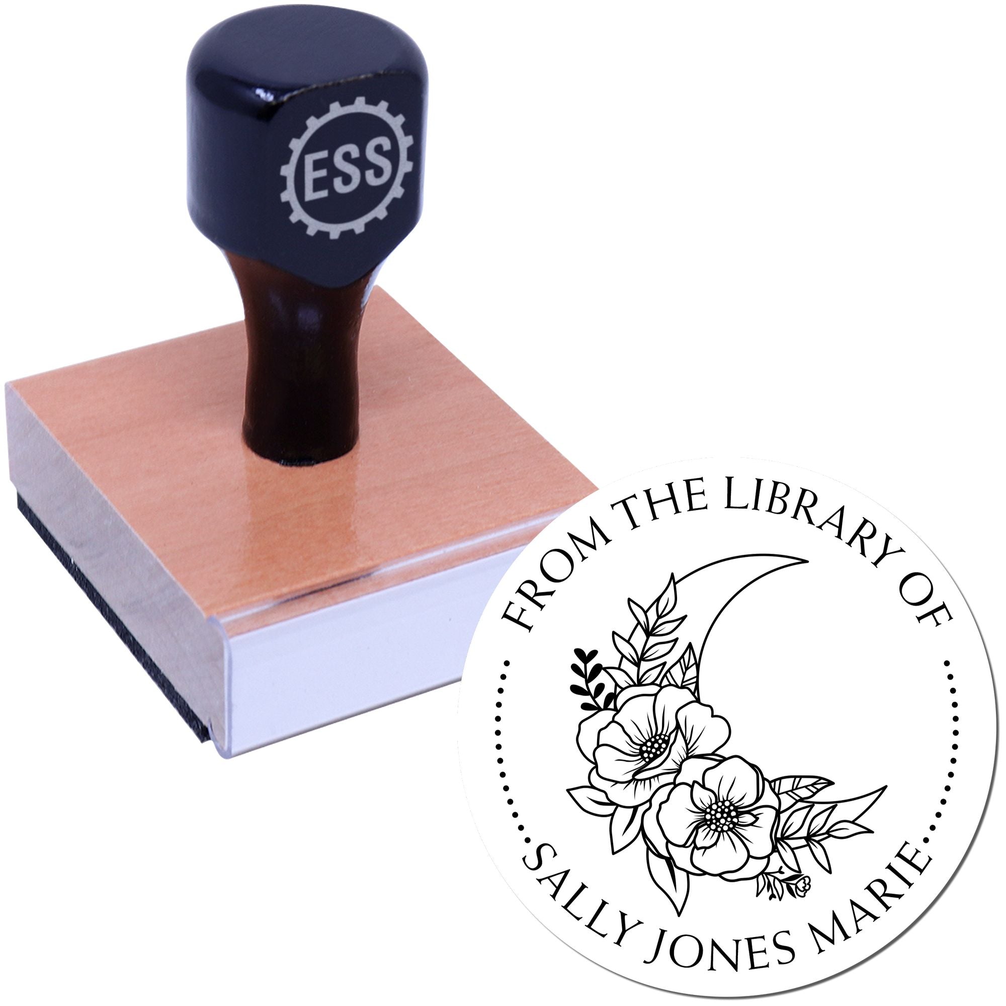 Wood Handle Gentle Moon Personalized Library Name Stamper - Engineer Seal Stamps