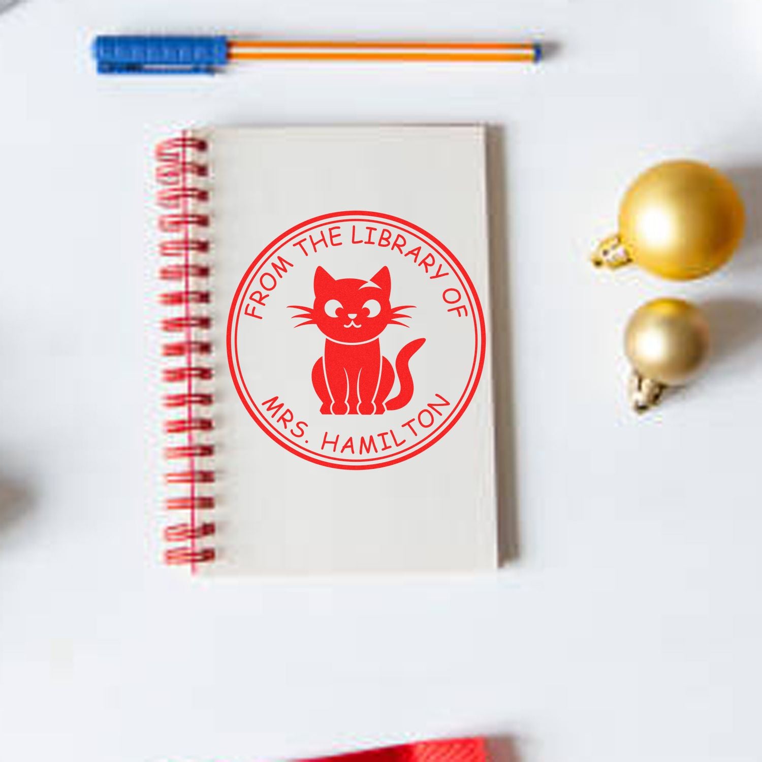 Wood Handle Curious Kitty Custom Book Belongs to Stamp - Engineer Seal Stamps