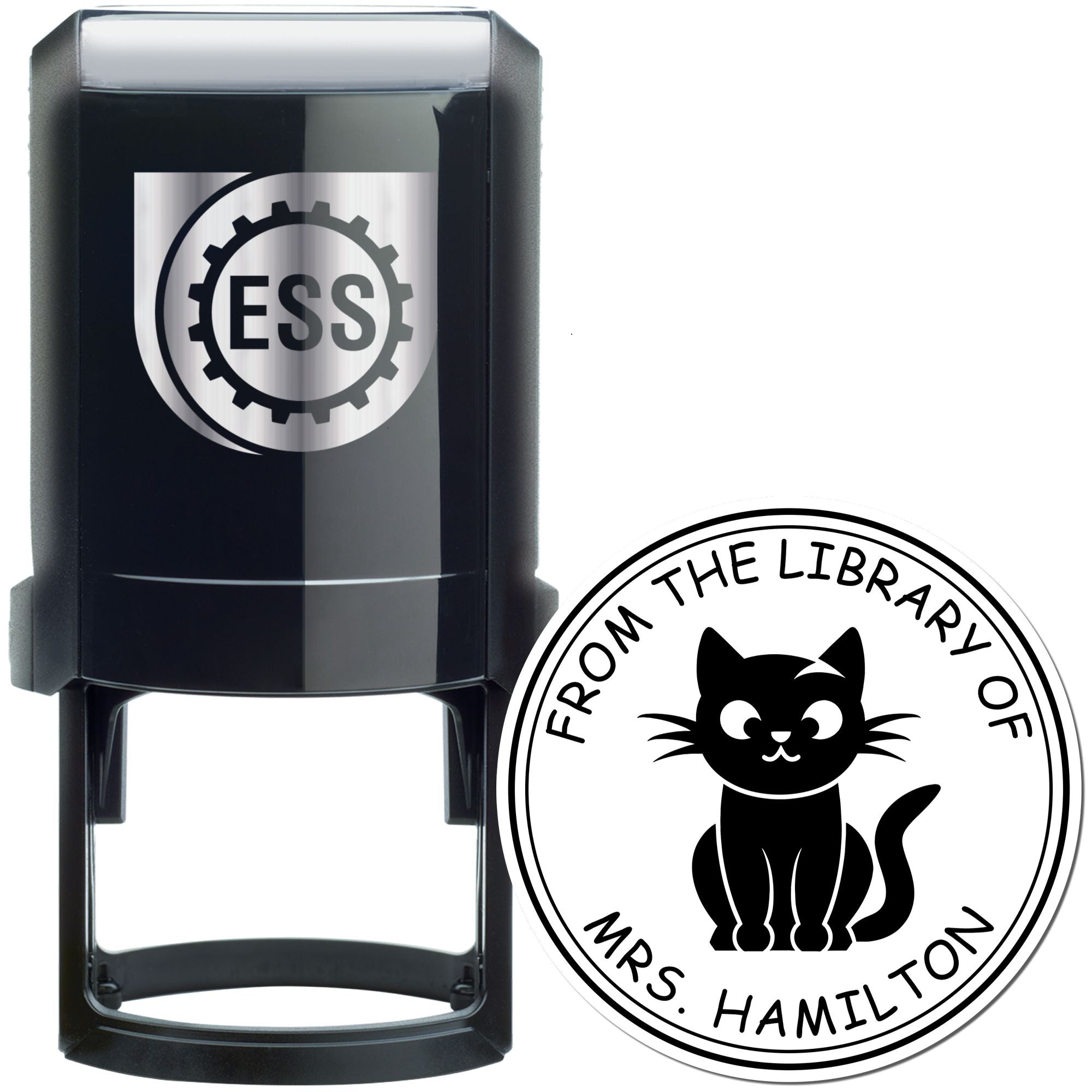 Self-Inking Curious Kitty Custom Made Library Name Stamp - Engineer Seal Stamps