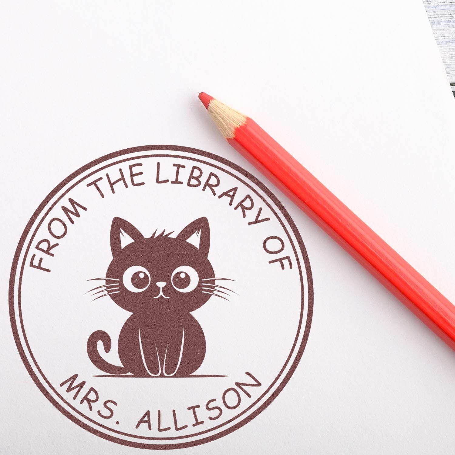 Wood Handle Sneaky Kitty Custom Library Stamp