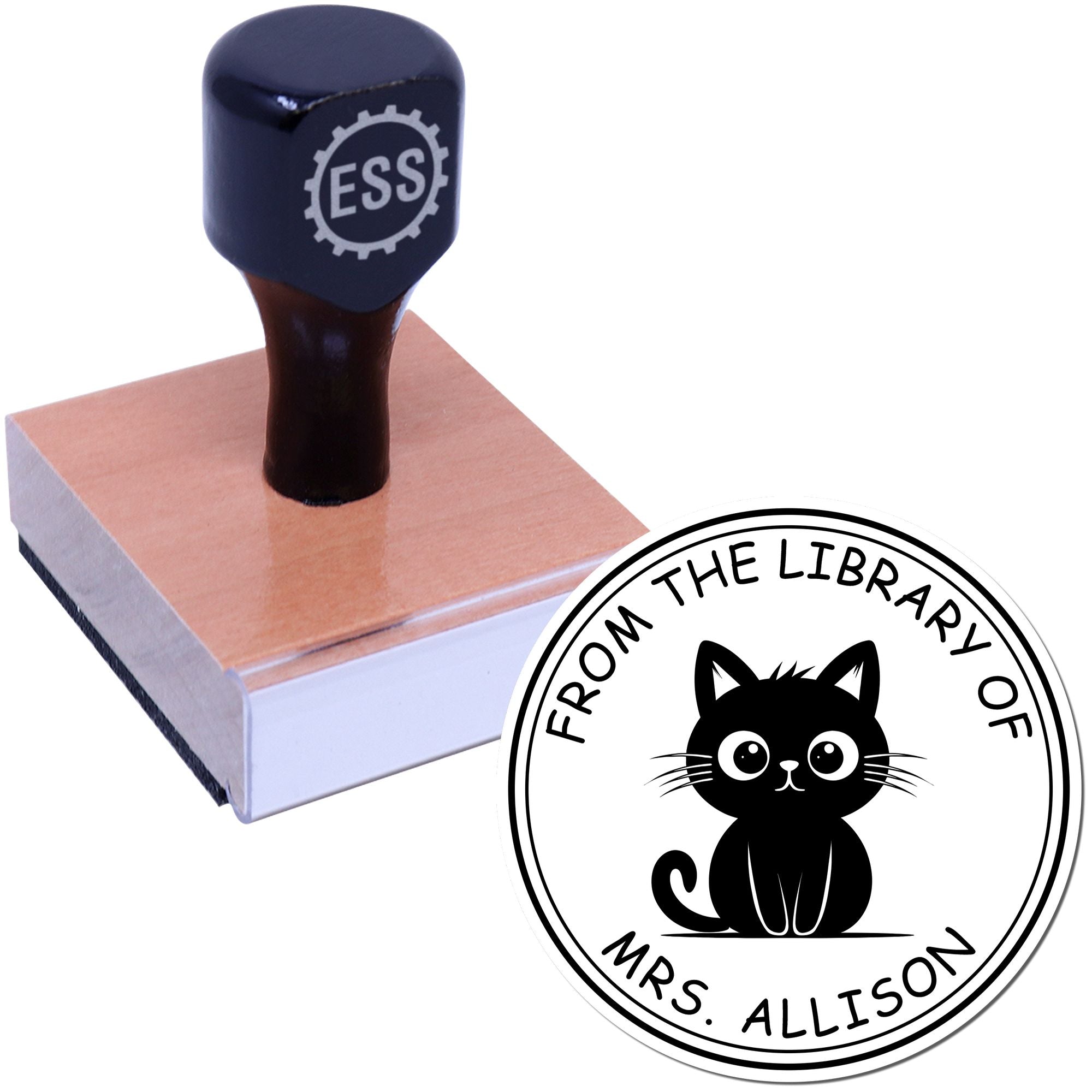 Wood Handle Sneaky Kitty Custom Library Stamp