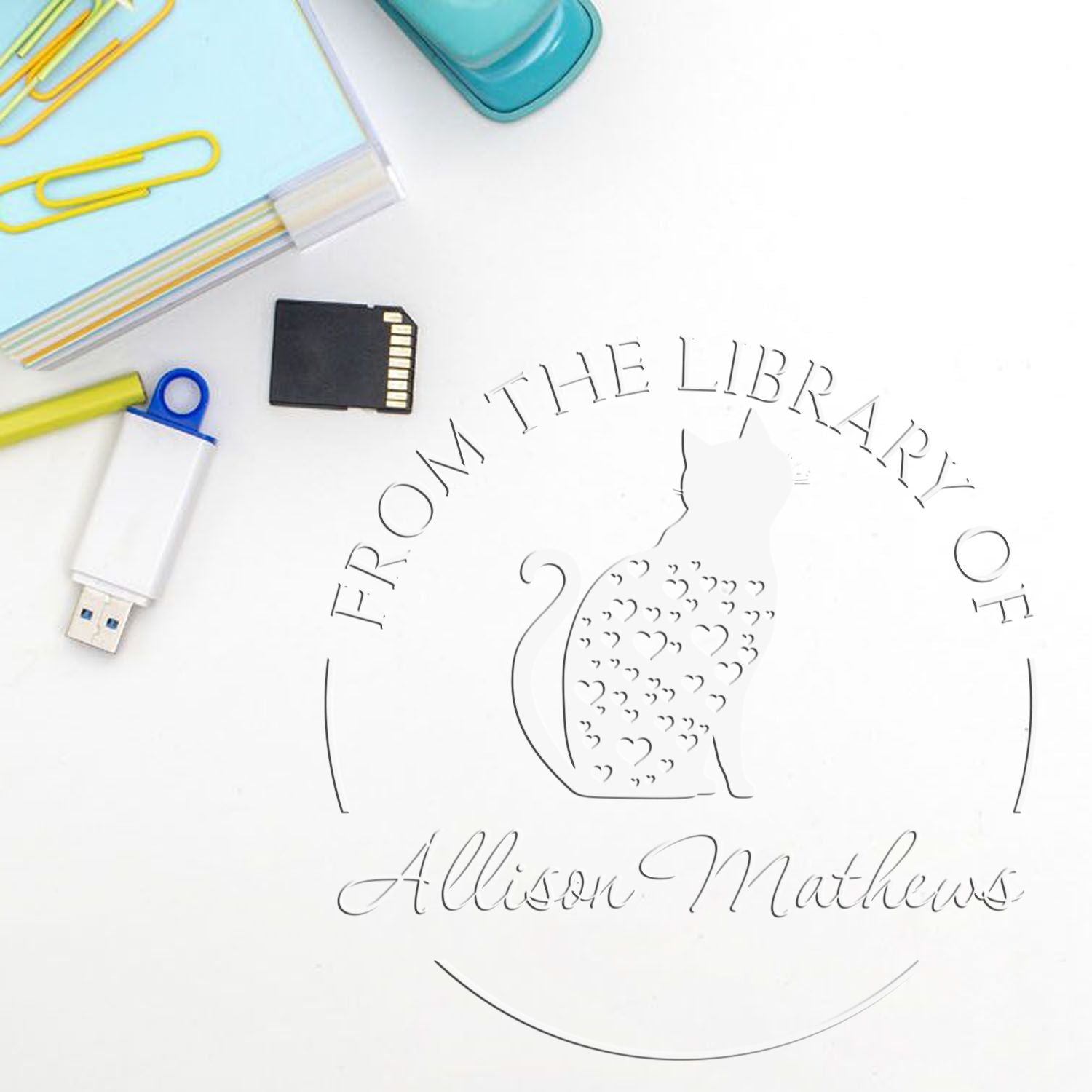 Soft Sensible Cat Custom Book Lover Embossing Seal