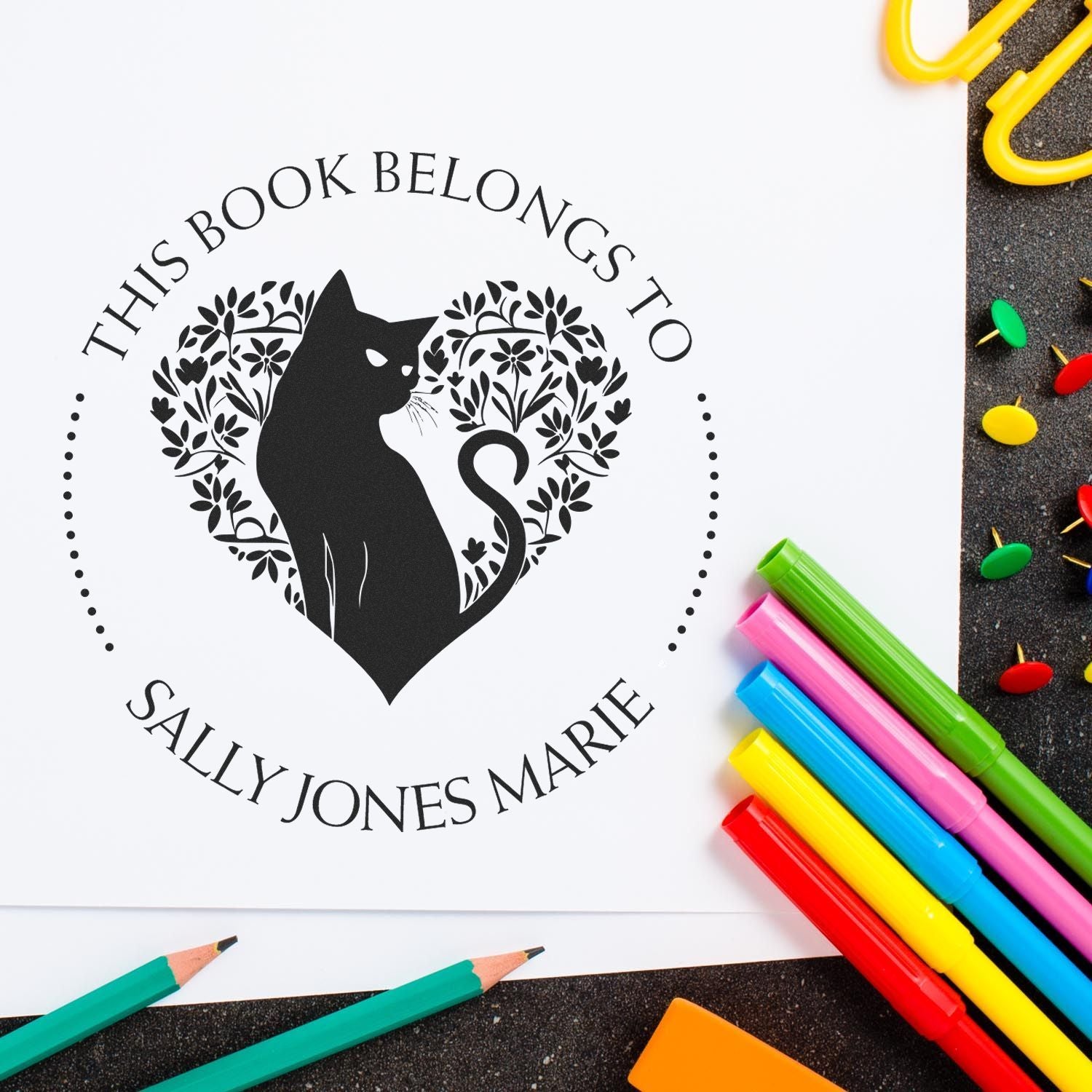 Wood Handle Sleek Kitty Custom Made Book Stamp