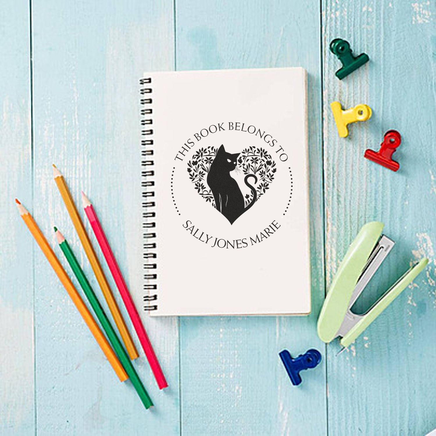 Wood Handle Sleek Kitty Custom Made Book Stamp
