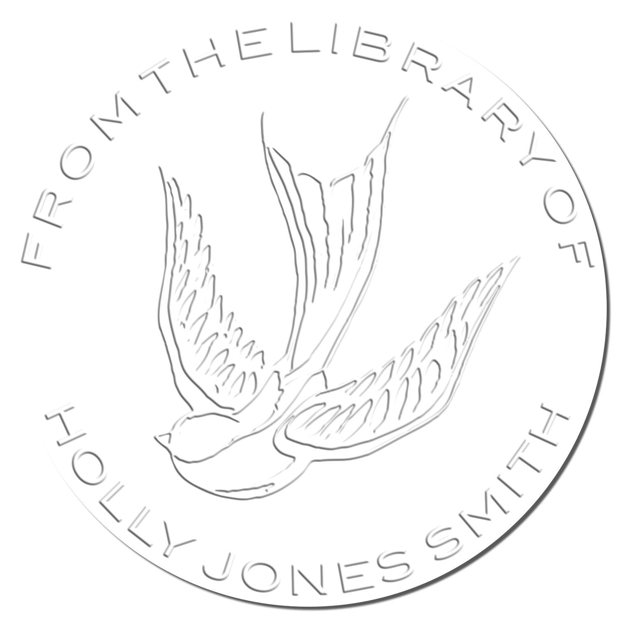 Circular library stamp seal with flying bird line art and gray text reading From the library of Holly Jones Smith on white.