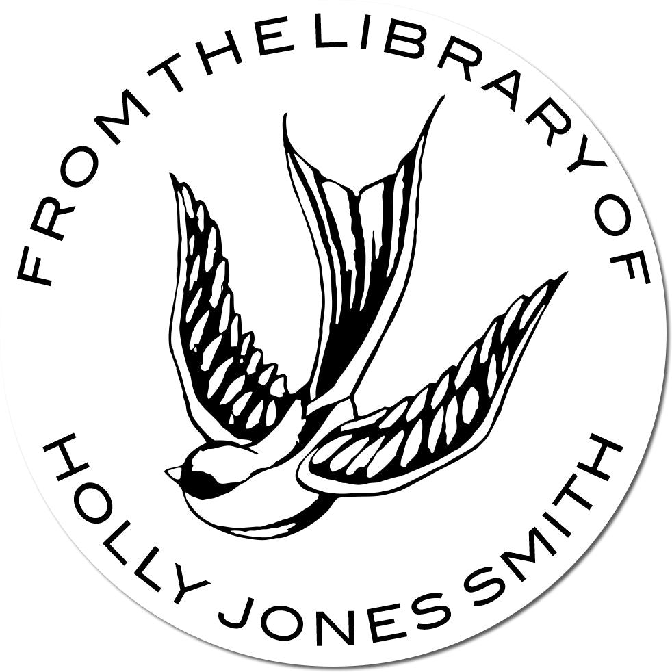 Black-and-white circular library stamp seal with flying swallow and text "From the Library of Holly Jones Smith"