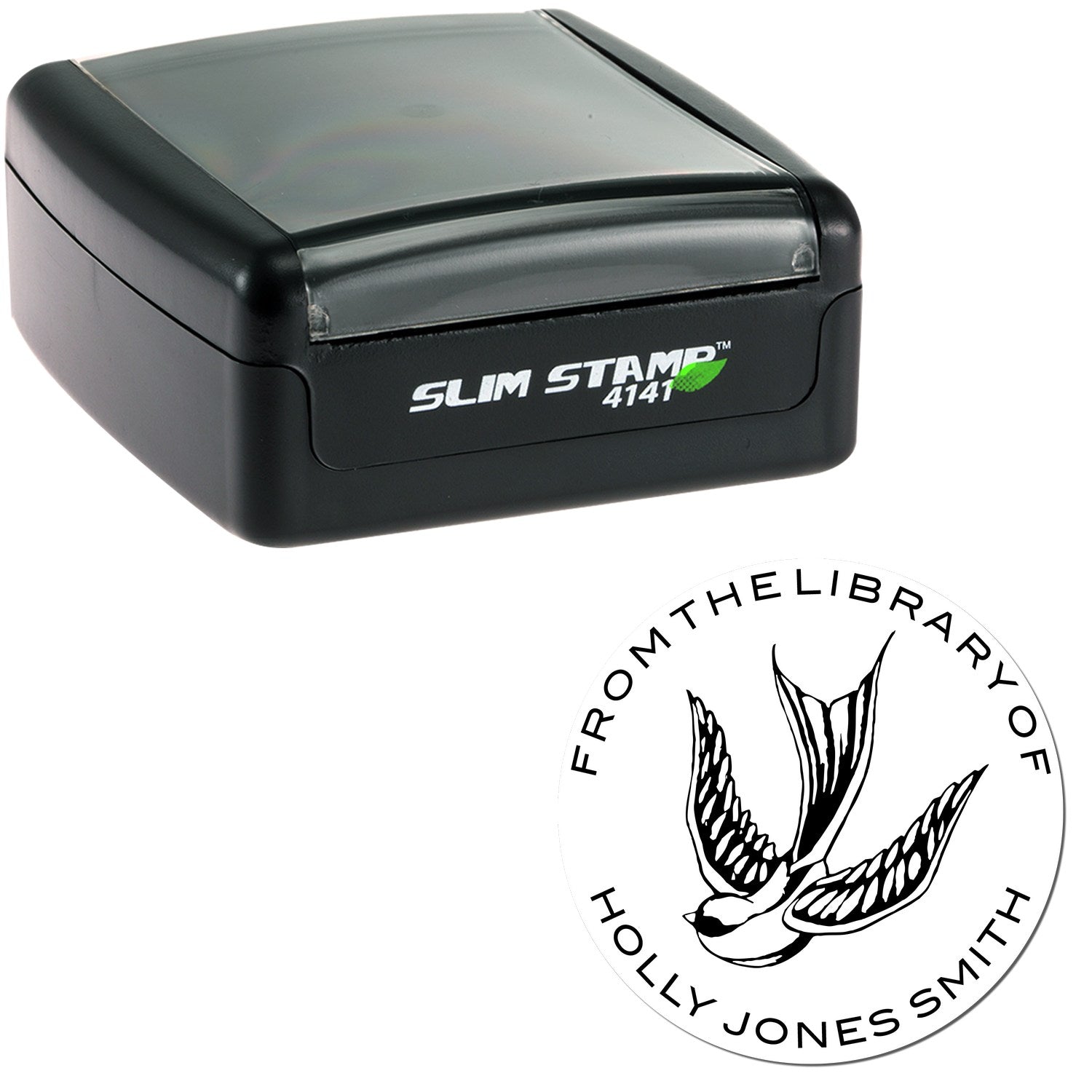 Black Slim Stamp self-inking stamp with circular white seal logo featuring a flying bird and Holly Jones Smith text
