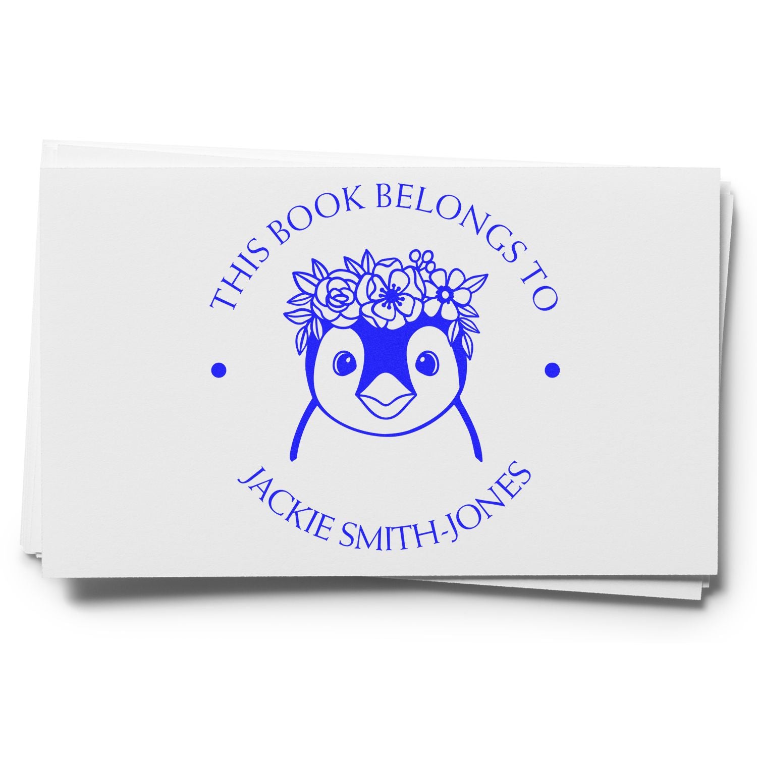 Blue custom book stamp with penguin and flower crown, circular name seal, printed in blue on white paper.