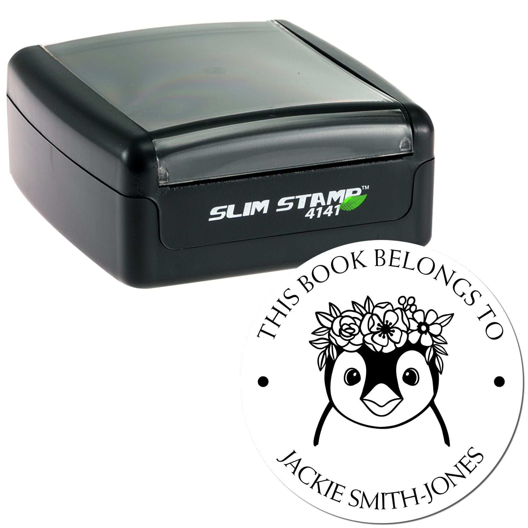 Black Slim Stamp 4141 self-inking stamp with round custom seal featuring a penguin design and Jackie Smith-Jones text.