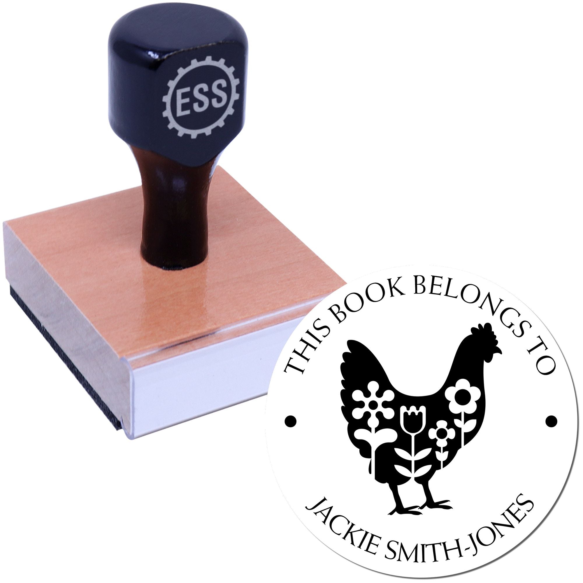 Wood Handle Social Chicken Customizable Library Name Stamp