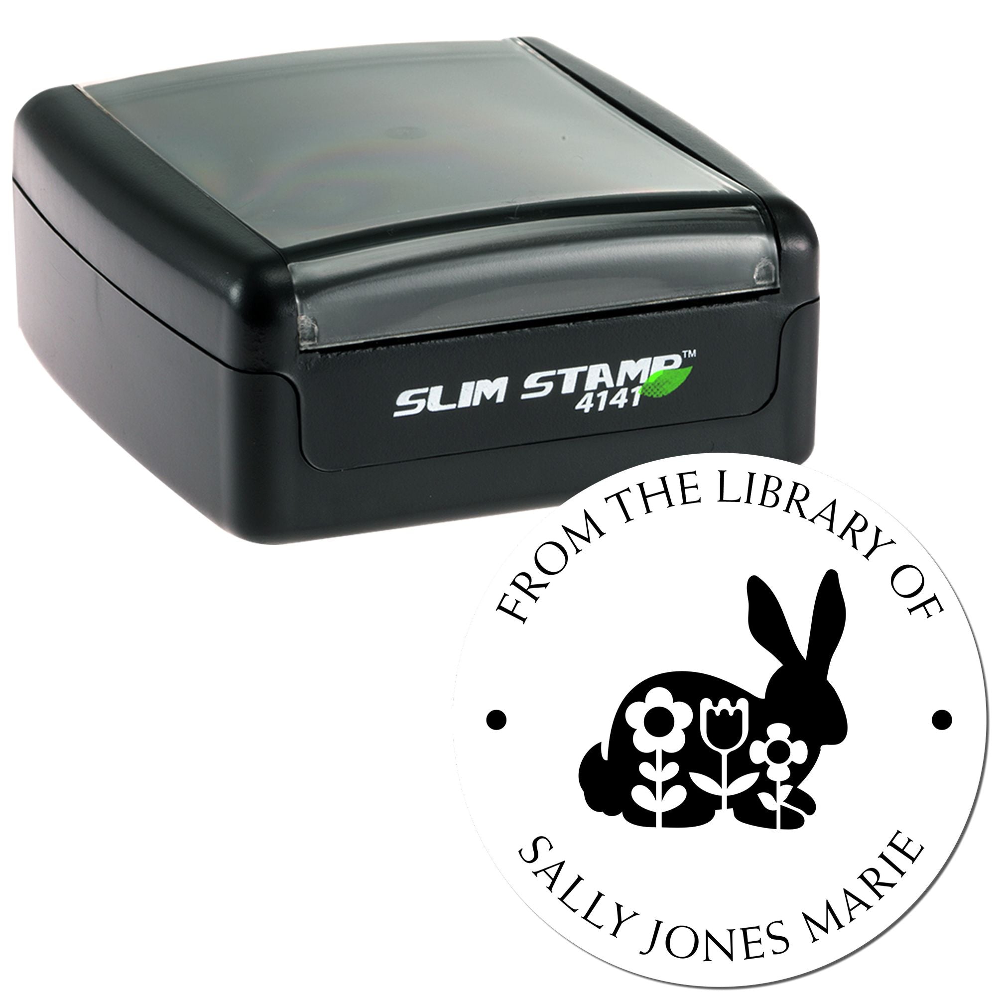 Black Slim Stamp 4141 self-inking stamp with clear lid and round white library seal featuring rabbit and flowers.