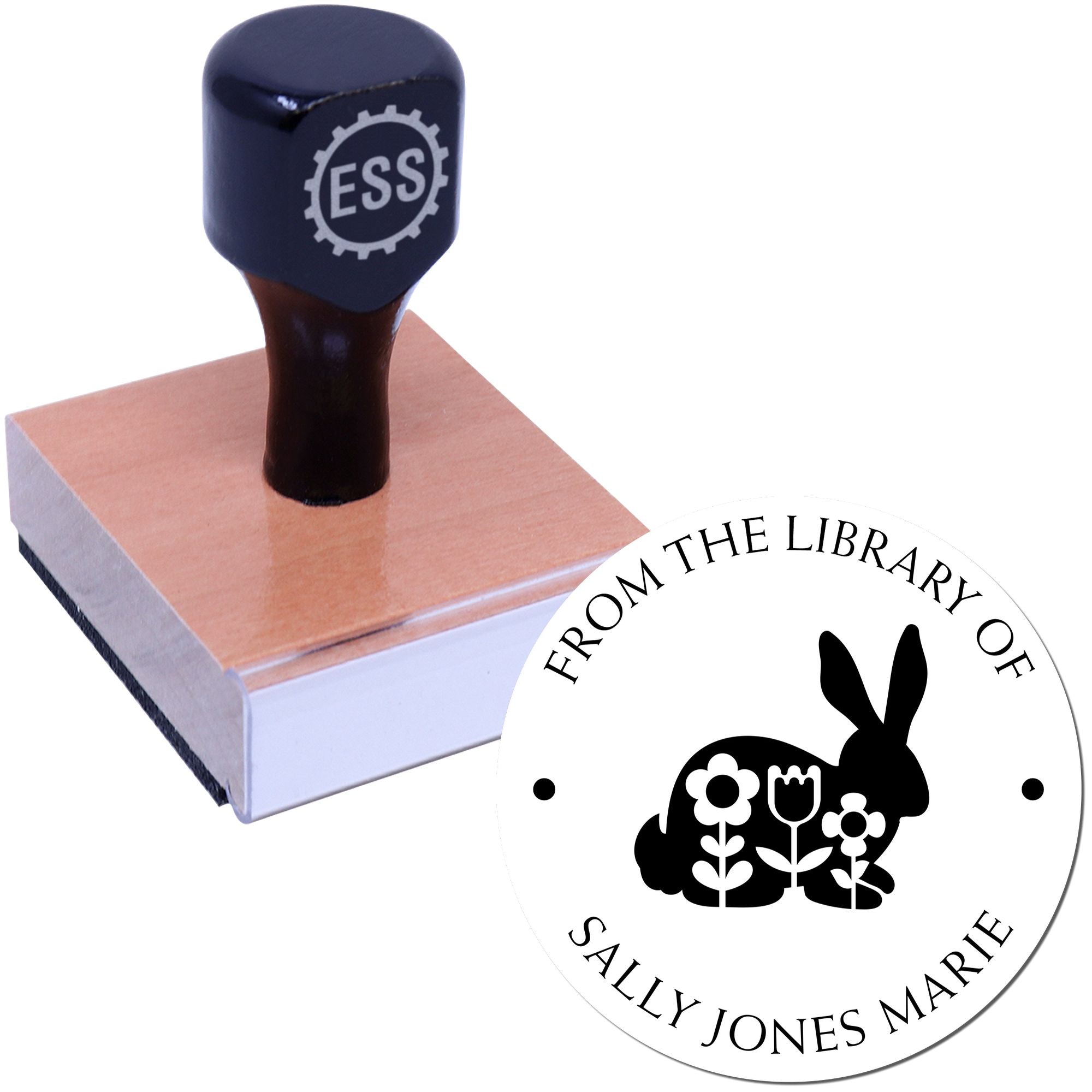 Wood Handle Timid Bunny Customizable Library Ownership Stamp