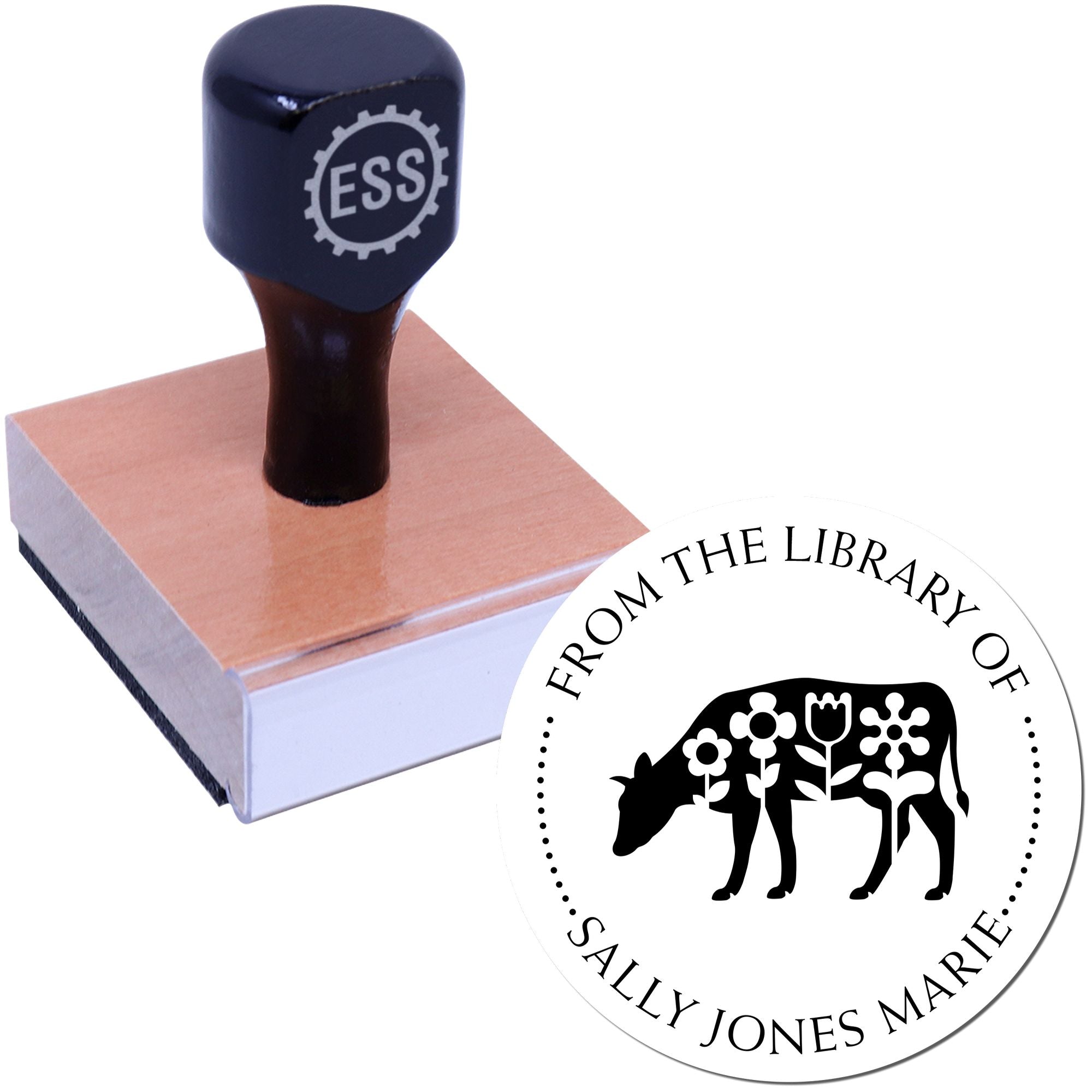 Wood Handle Cute Cow Customizable Library Return Stamp