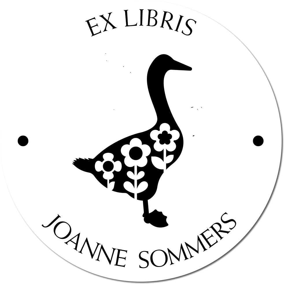 Round white ex libris stamp seal with black goose and floral design, reading EX LIBRIS and JOANNE SOMMERS.