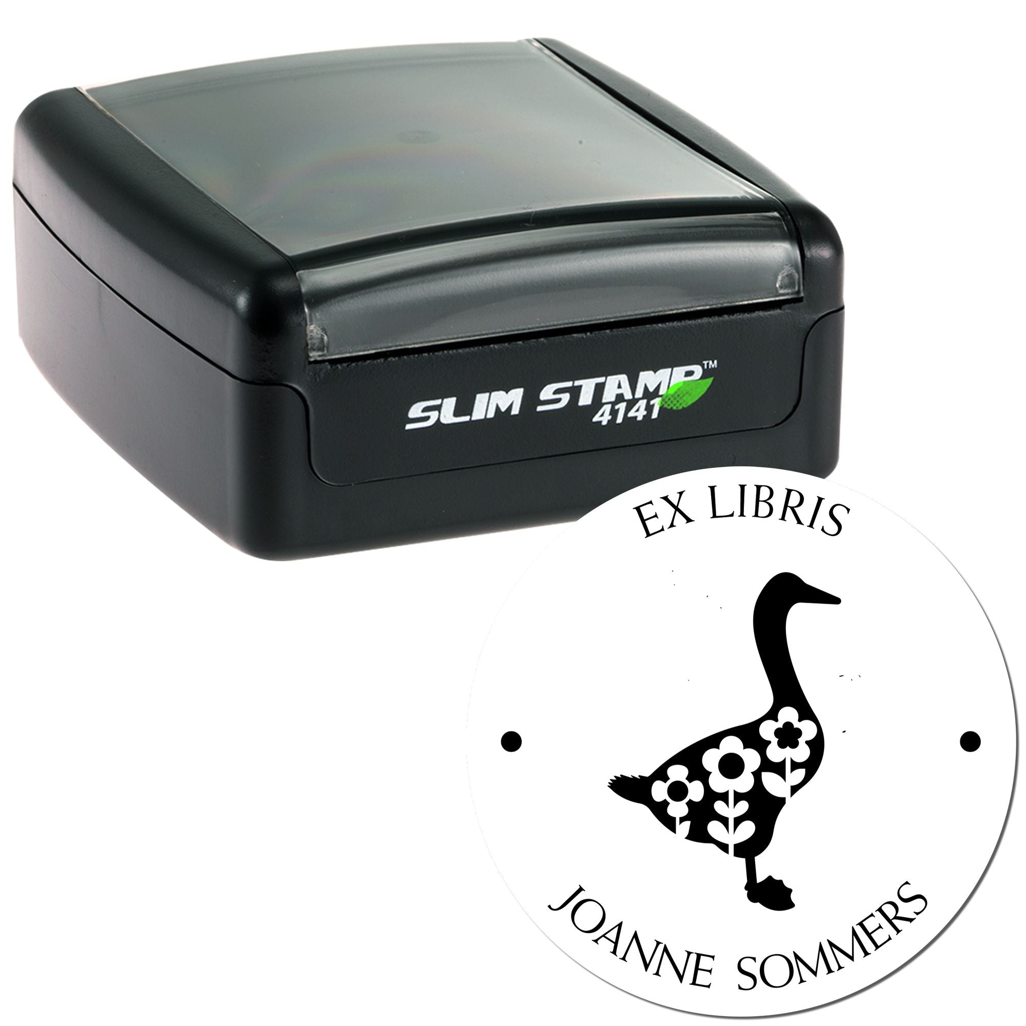 Black self-inking Slim Stamp 4141 with clear lid and white Ex Libris seal featuring a duck and floral design.