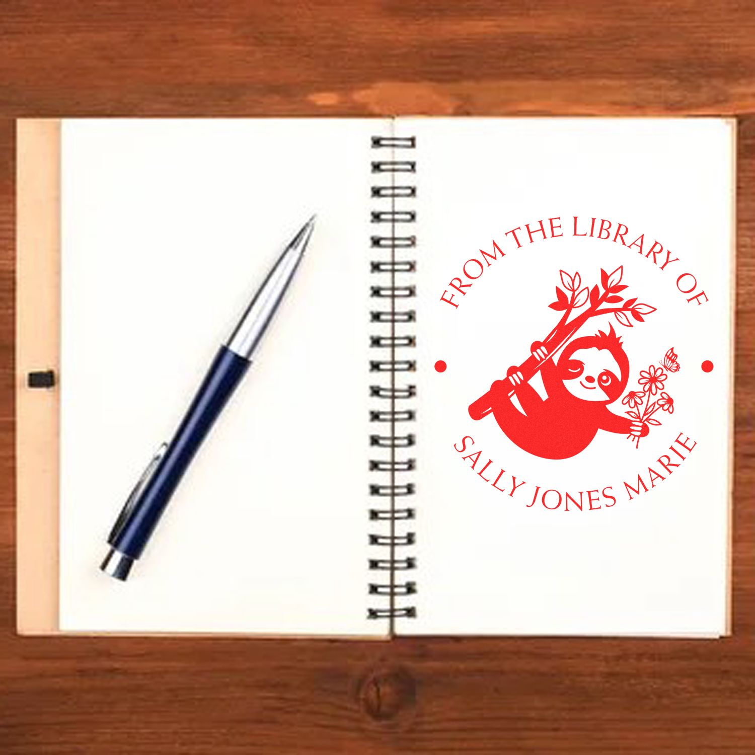 Slim Pre-Inked Social Sloth Personalizable Ex Libris Bookplate Stamp